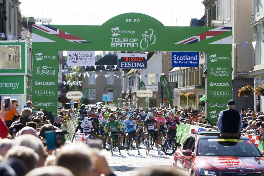 Riders line up during Stage 2 of the 16th OVO Energy Tour of Britain, the stage lasts for 165.9km with an elevation of 1380 metres and starts and finishes in Kelso on 8 September 2019 in Kelso, Scottish Borders, UK. (Photo by Ewan Bootman/NurPhoto)