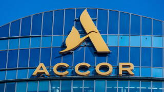 Sign on top of the Sequana tower, headquarters of Accor, a French hotel group with a worldwide presence, Issy-les-Moulineaux, France