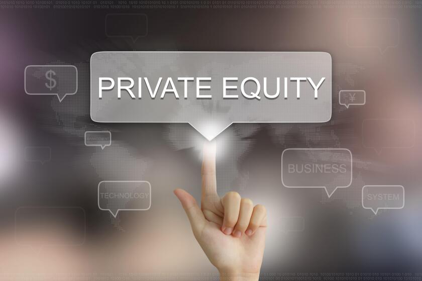 hand pushing on private equity balloon text button