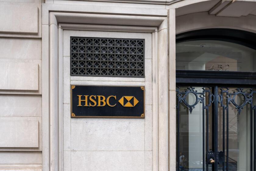 New York City, USA - August 17, 2022: The entrance to HSBC Bank branch at 452 Fifth Ave in New York City, USA.