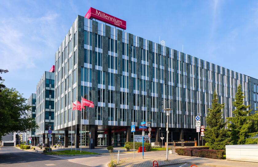 Warsaw, Poland - July 25, 2021: Millennium Park plaza known as Harmony Office Center at Bialy Kamien and Zaryna street in Mokotow residential district