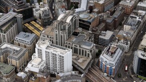 aerial view of approach to Fenchurch Street Station, with Cooper's Row and Vine Street, London EC3