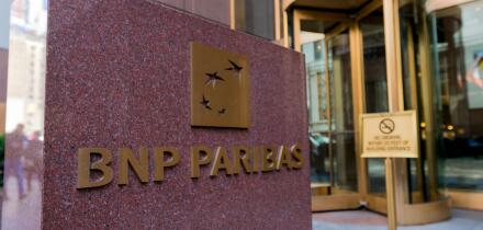 New York, March 15, 2018: Entrance to BNP Paribas office building in midtown Manhattan.
