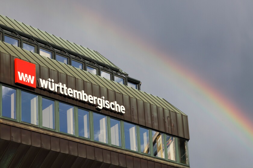 Wurttembergische Versicherung AG, 
rainbow over the head office of the Wurtembergische Insurance  company in Stuttgart