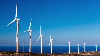 Wind farm at Aforesmenos (also known as "Agios Ioannis") cape, Municipality of Agios Nikolaos, Lassithi, Crete, Greece.