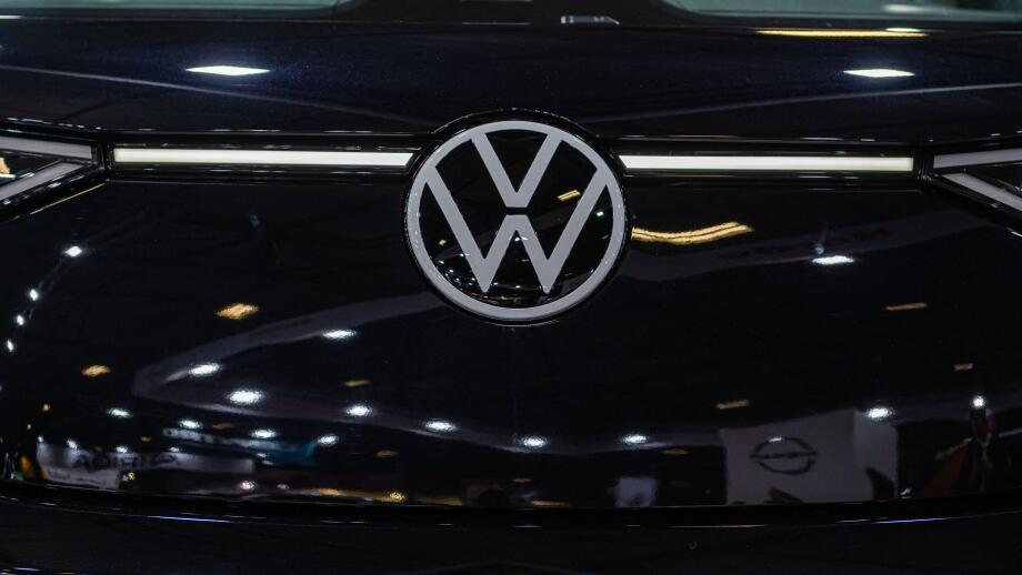 Riga, Latvia, April 28, 2023: Volkswagen emblem on new minivann ID. BUZZ, close-up