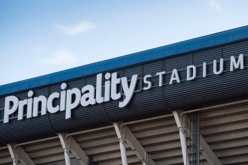 Principality Stadium sign logo in Cardiff, south Wales.