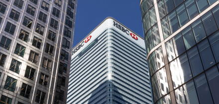 Modern HSBC tower in Canary Wharf. London, UK, 14 May 2023