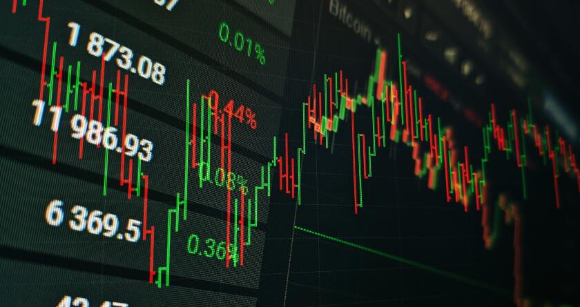 Technical price graph and indicator, red and green candlestick chart on blue theme screen, market volatility, up and down trend. Stock trading, crypto