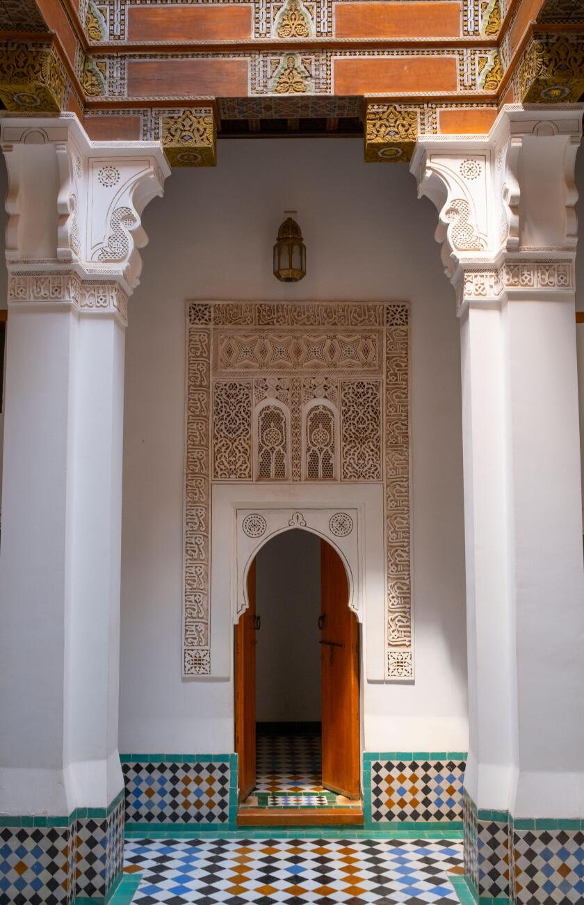 Morocco: Entrance to a student dormitory, Ben Youssef Madrasa (Medersa Ben Youssef), Medina of Marrakesh, Marrakesh. The Saadian Dynasty sultan, Abdallah al-Ghalib Billah (1517 - 1574), built the madrasa in 1565 (972 AH). It was once the largest Islamic c